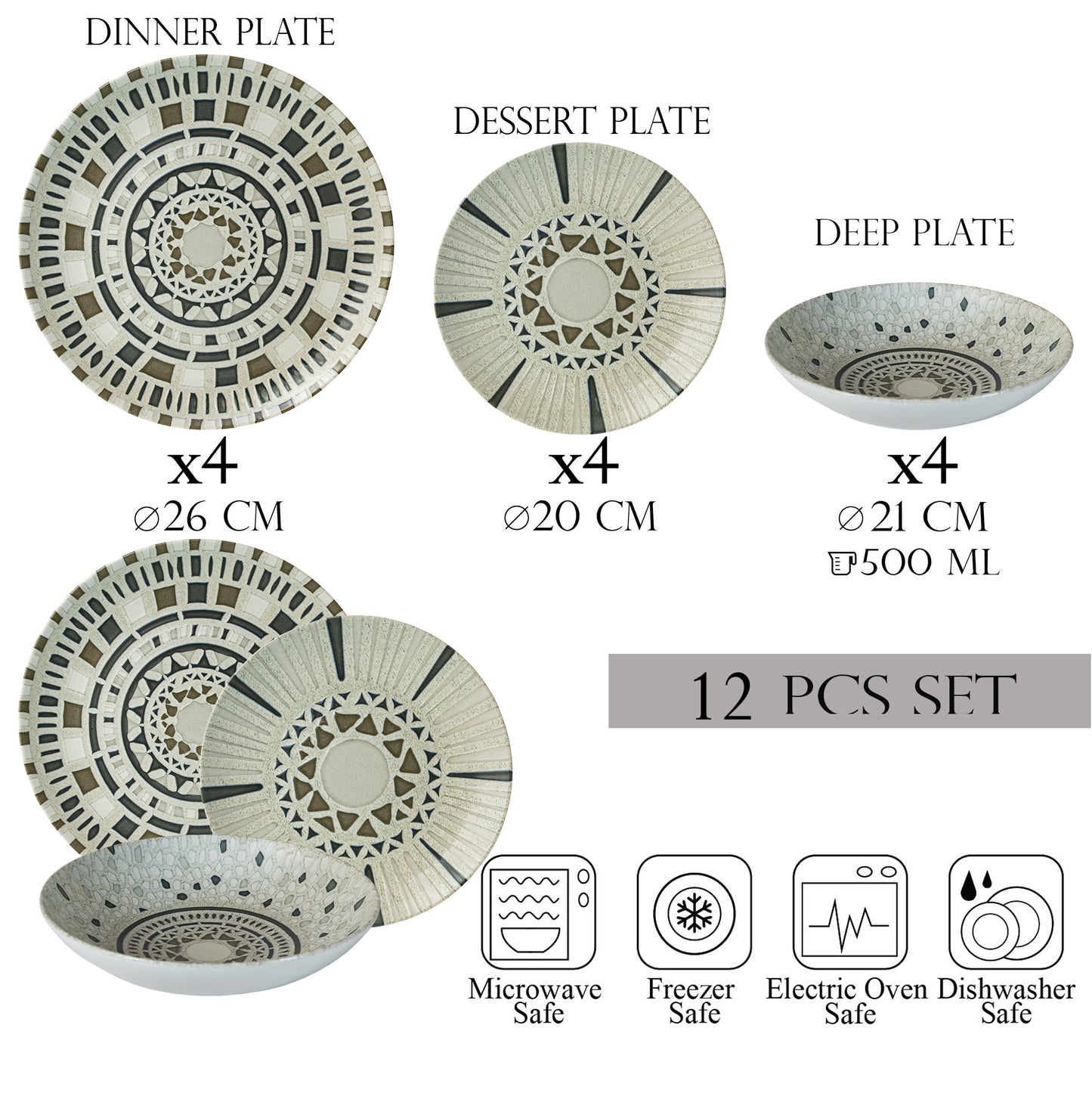 Plate set 12 pieces, 4 people, deep plate set-Ensemble Sogno - Italian Porcelain Tableware Set