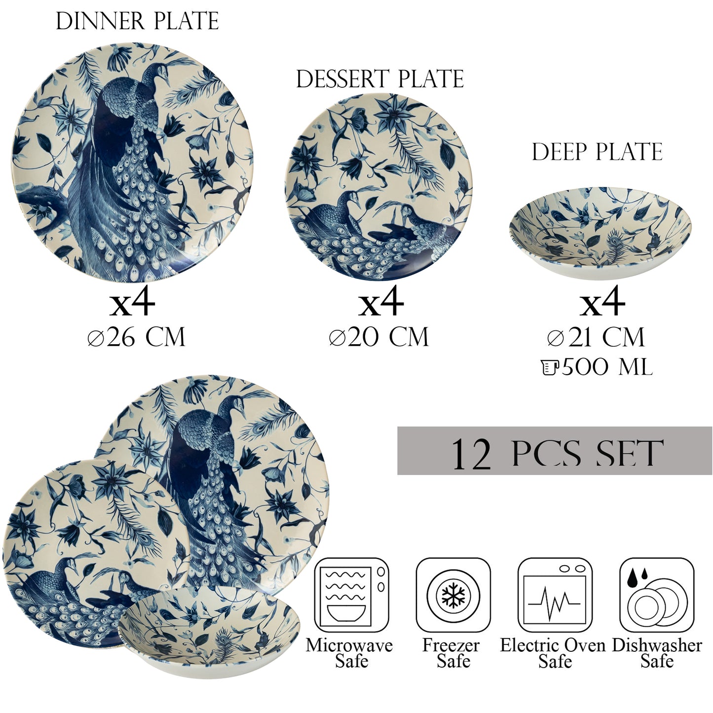 Plate set 12 pieces, 4 people, deep plate set-Ensemble Pavone Elegante - Italian Porcelain Tableware Set