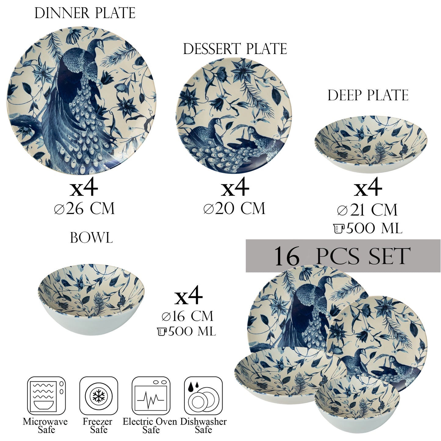 Plate set 16 pieces, 4 people-Ensemble Pavone Elegante - Italian Porcelain Tableware Set