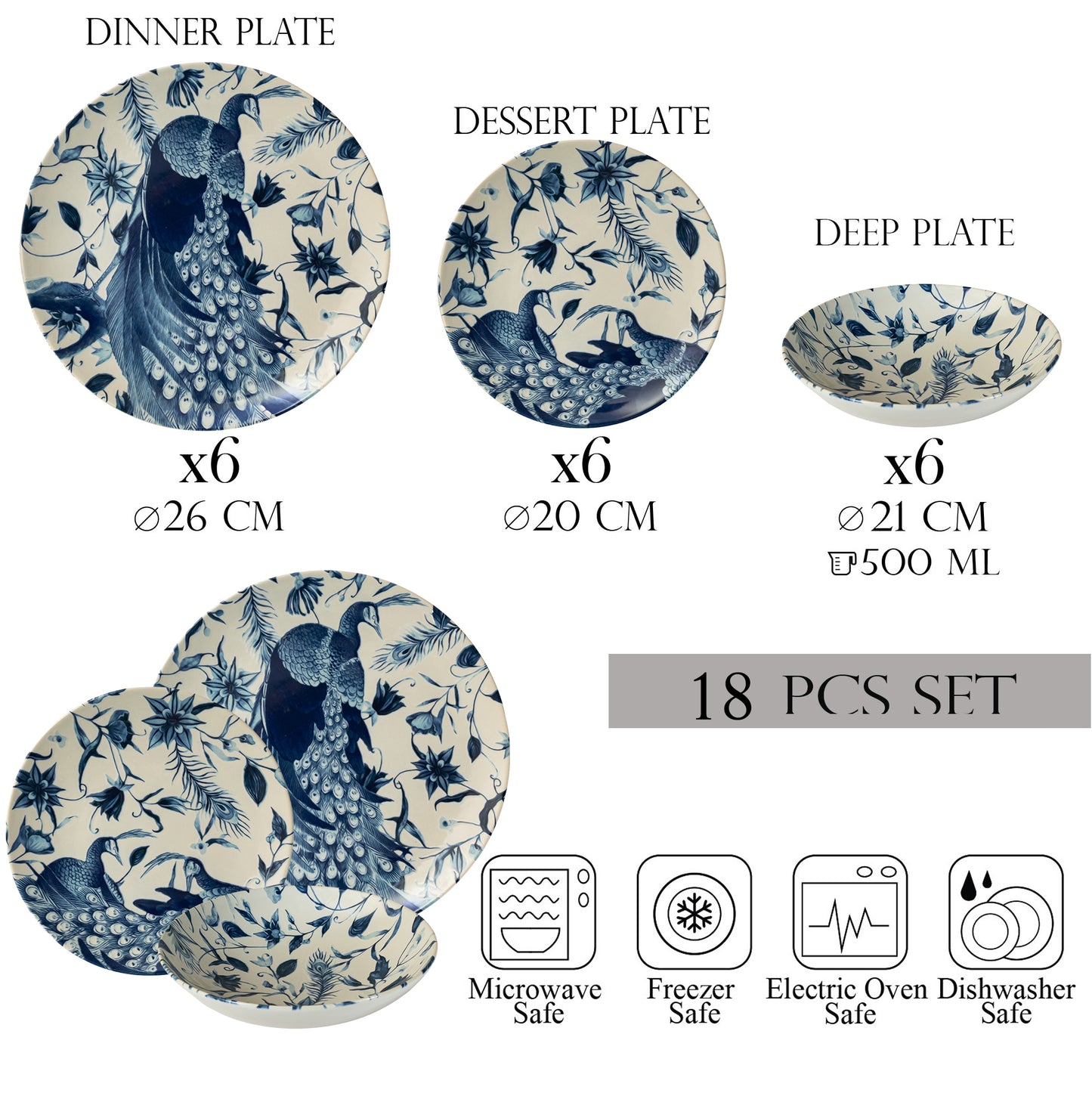 Plate set 18 pieces, 6 people, deep plate set-Ensemble Pavone Elegante - Italian Porcelain Tableware Set