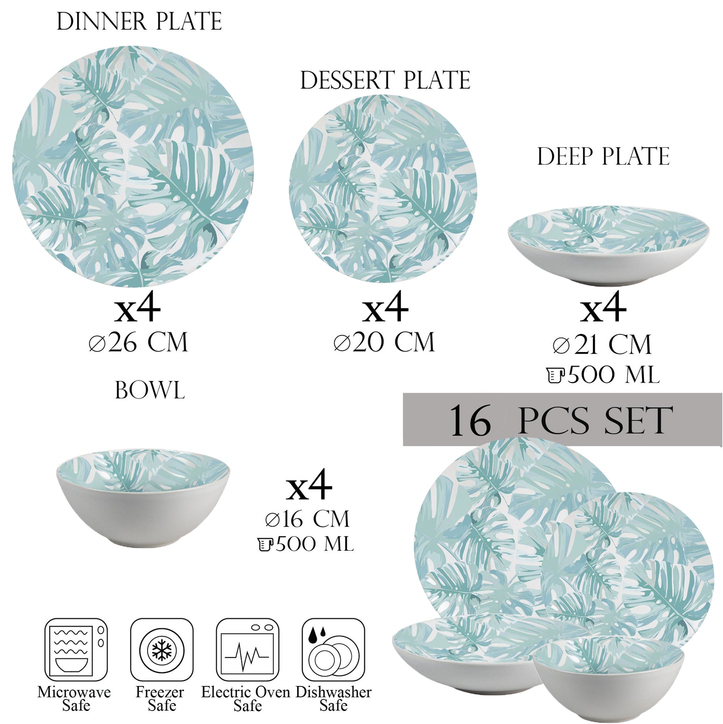 Juego de platos 16 piezas, 4 personas - Insieme Foglie Turquesa - Vajilla de Porcelana Italiana