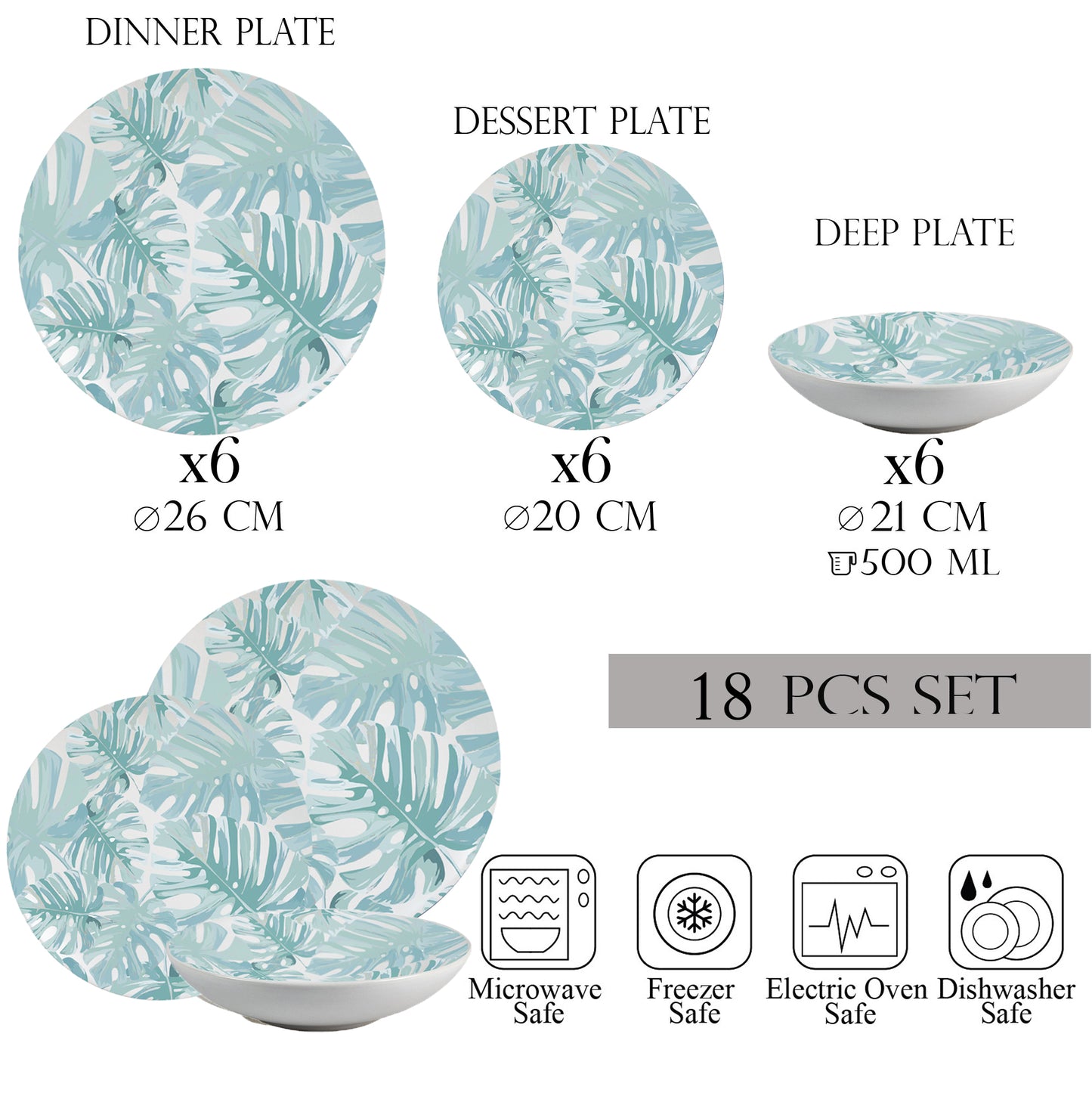 Plate set 18 pieces, 6 people, deep plate set - Insieme Foglie Turquoise - Italian Porcelain Tableware Set