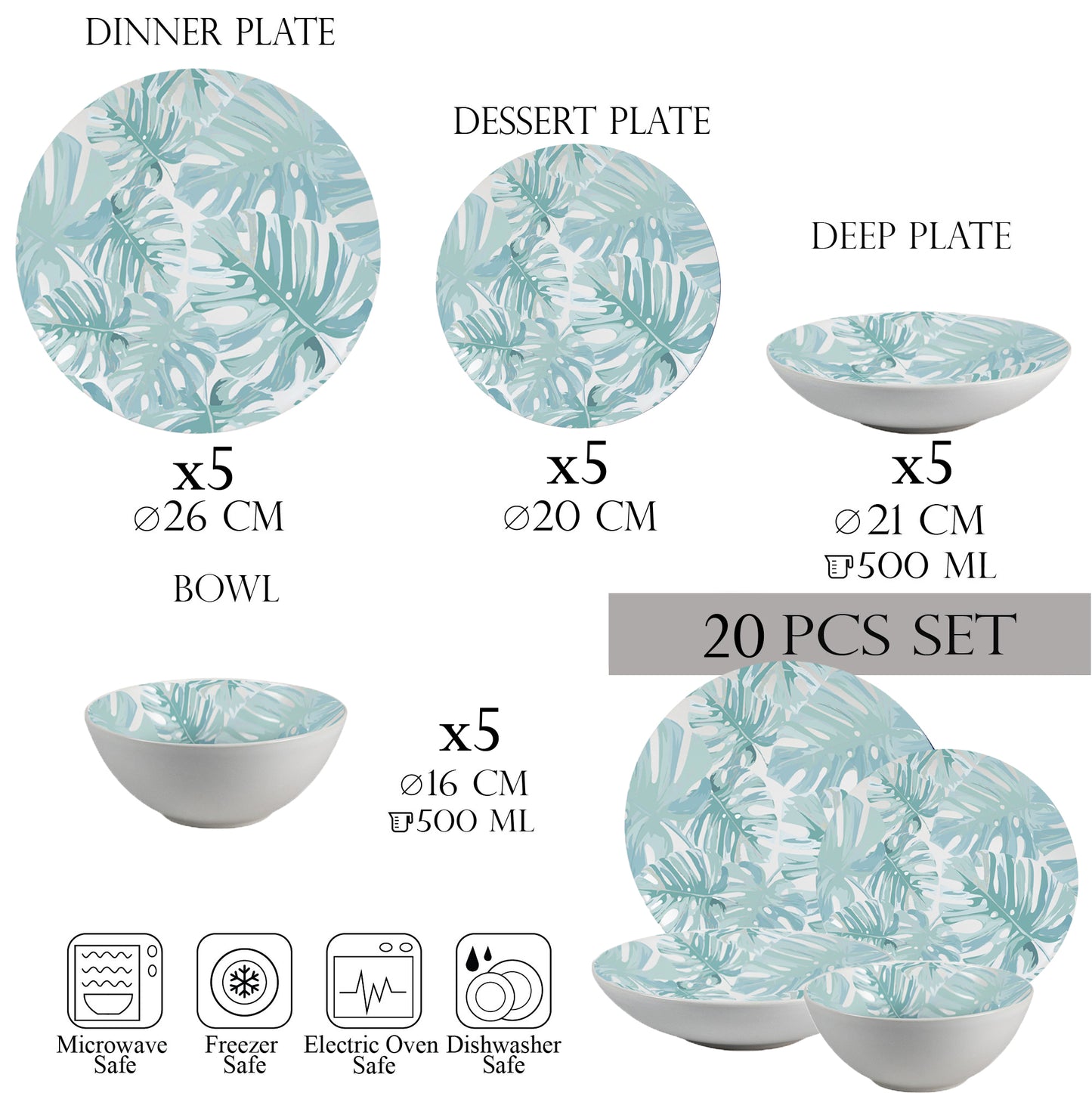 Set farfurii 20 piese, 5 persoane - Insieme Foglie Turquoise - Set Veselă Italiană Porțelan