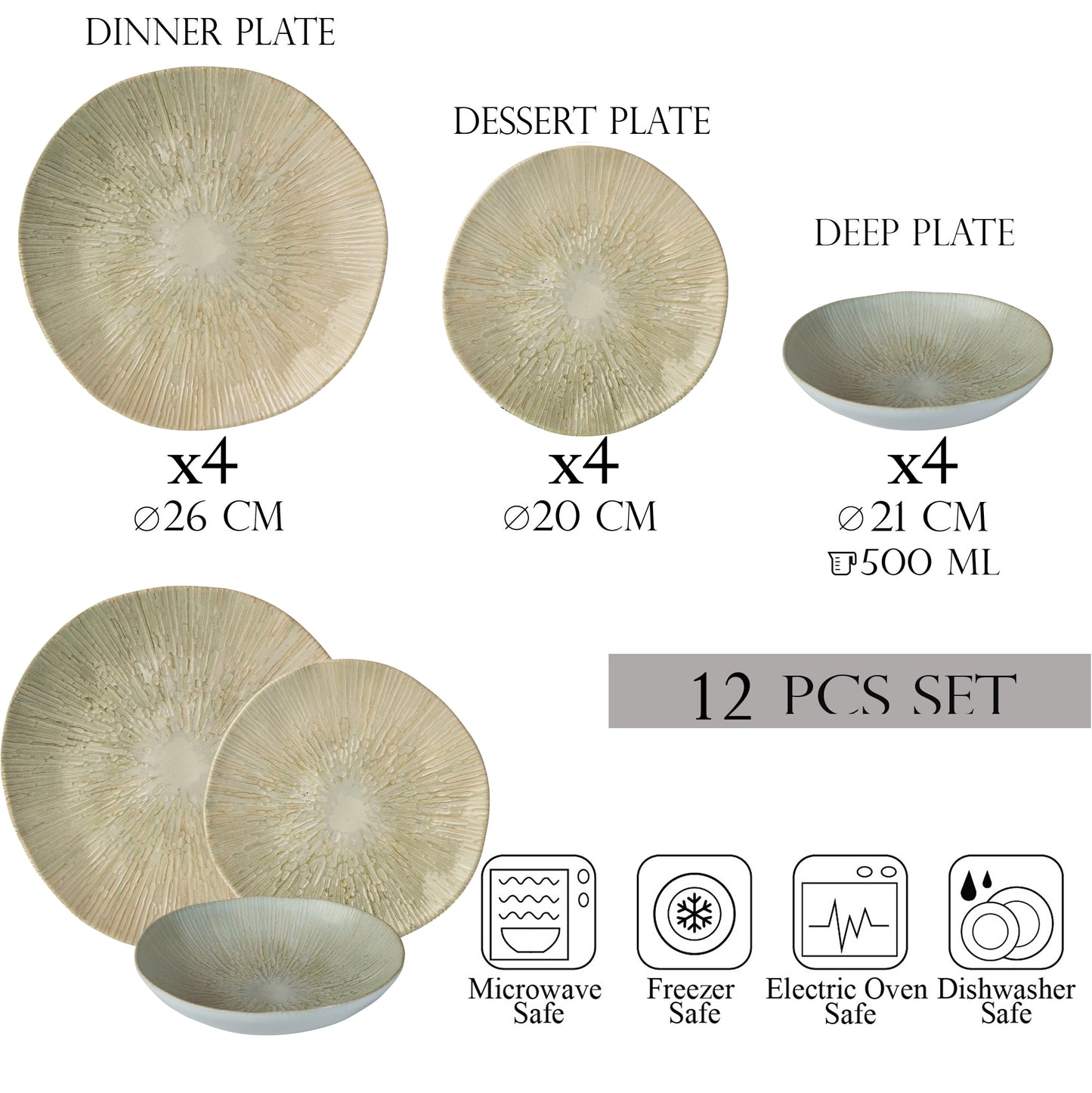 Plate set 12 pieces, 4 people, deep plate set-Ensemble Pietra Opulenta - Italian Porcelain Tableware Set