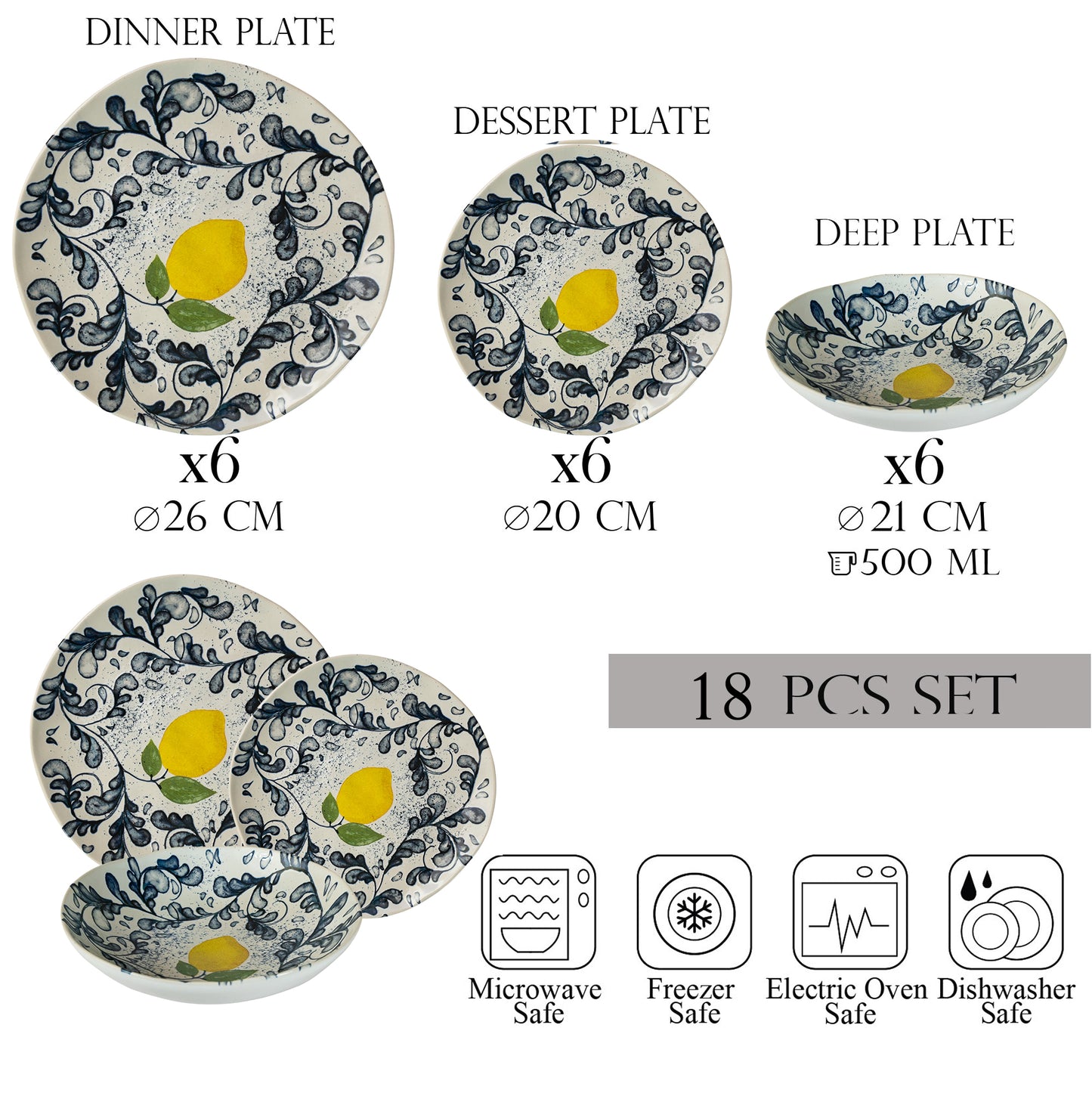 Plate set 18 pieces, 6 people, deep plate set-Ensemble Limone Elegante - Italian Porcelain Tableware Set