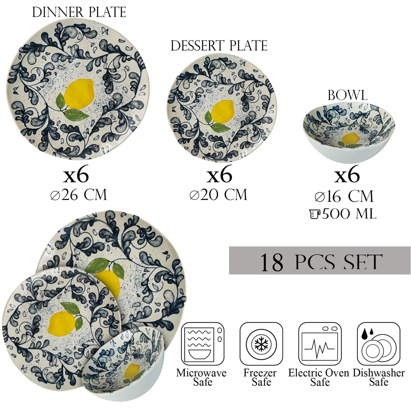 Plate set 18 pieces, 6 people, bowl set-Ensemble Limone Elegante - Italian Porcelain Tableware Set