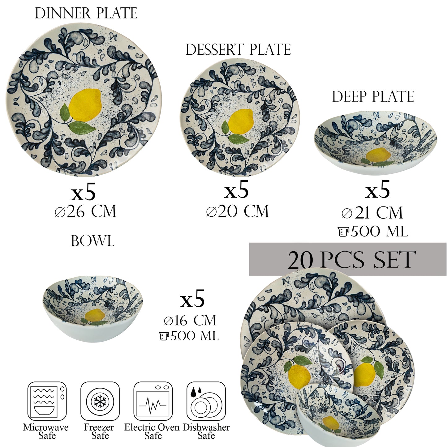 Set farfurii 20 piese, 5 persoane -Ensemble Limone Elegante - Set Veselă Italiană Porțelan