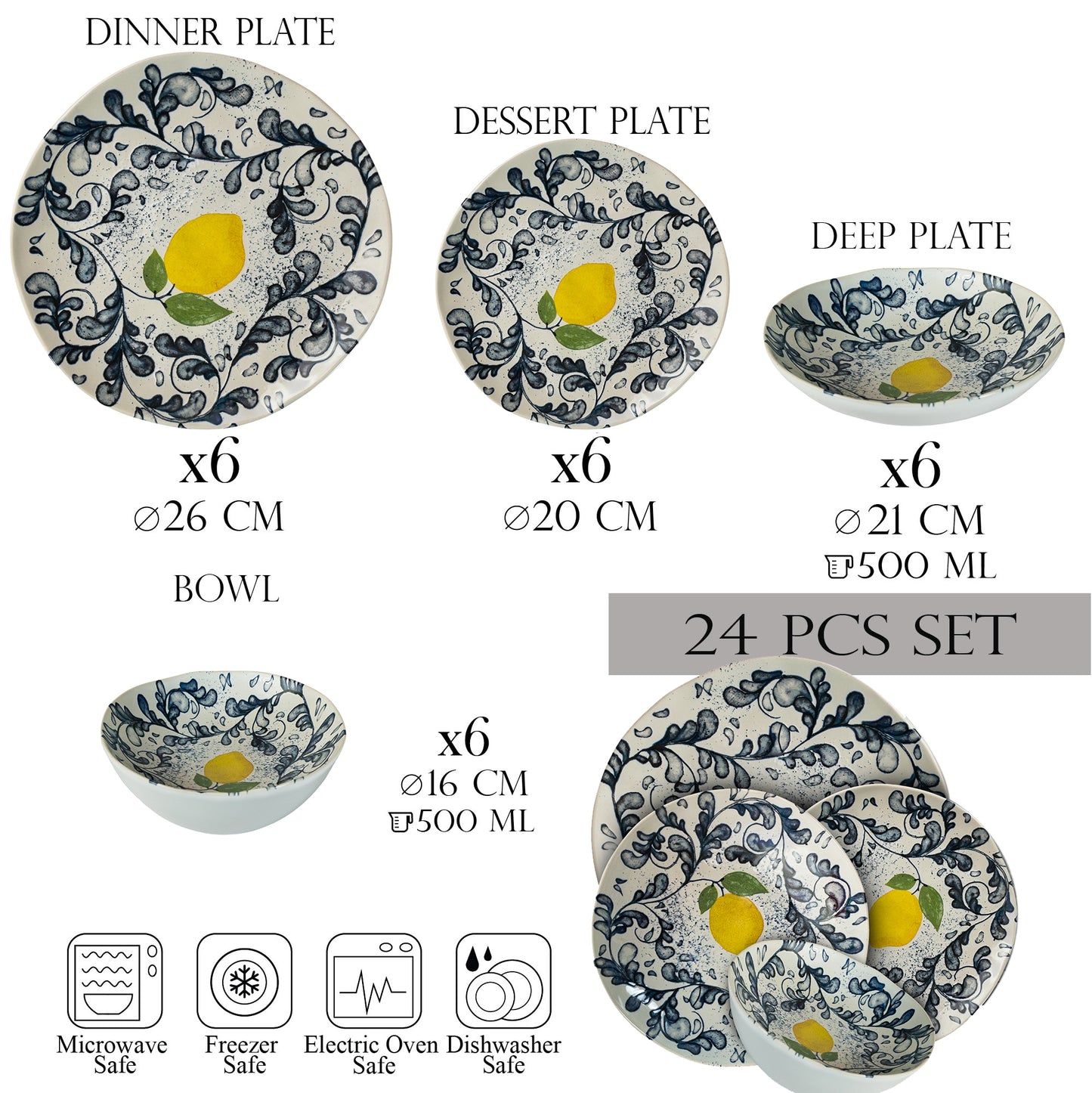 Plate set 24 pieces, 6 people - Ensemble Limone Elegante - Italian Porcelain Tableware Set