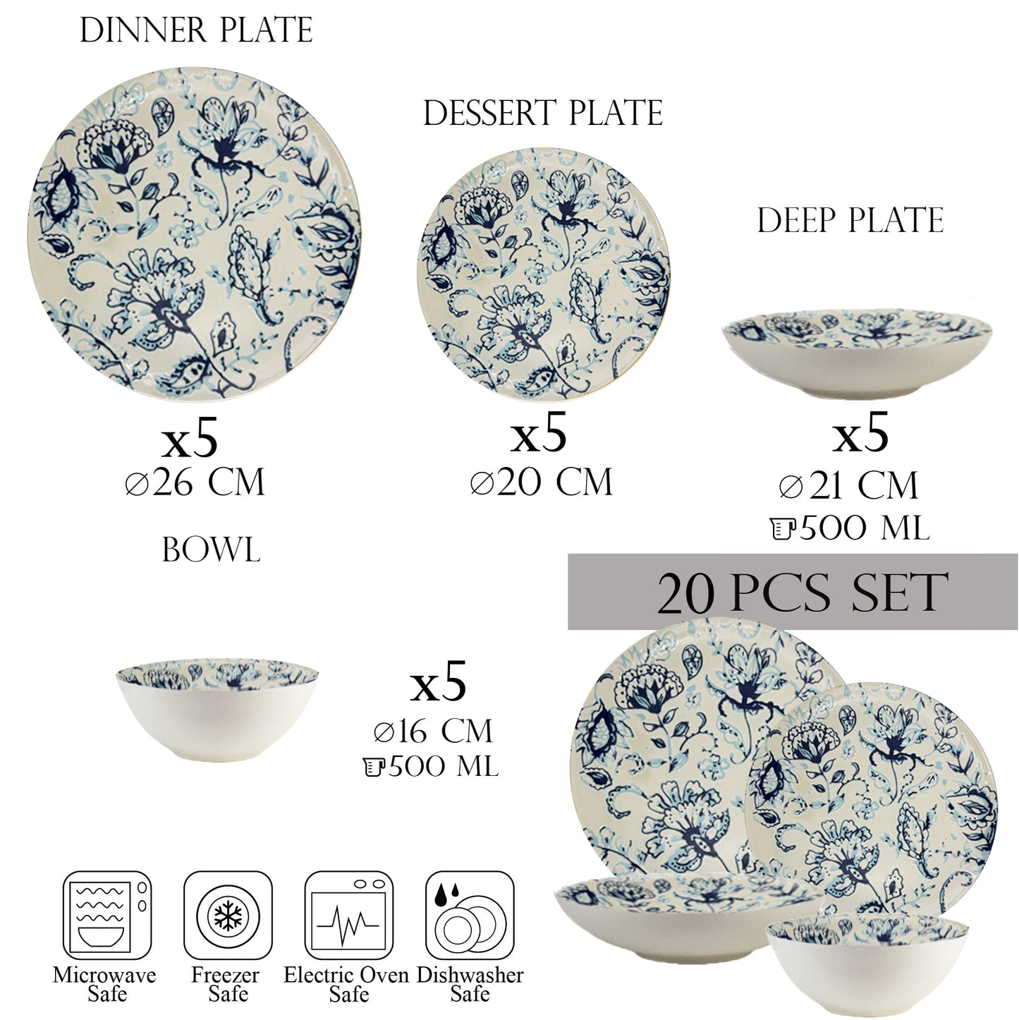 Tányérkészlet 20 részes, 5 személyes - Ensemble Gloria Azzurra - Olasz porcelán étkészlet