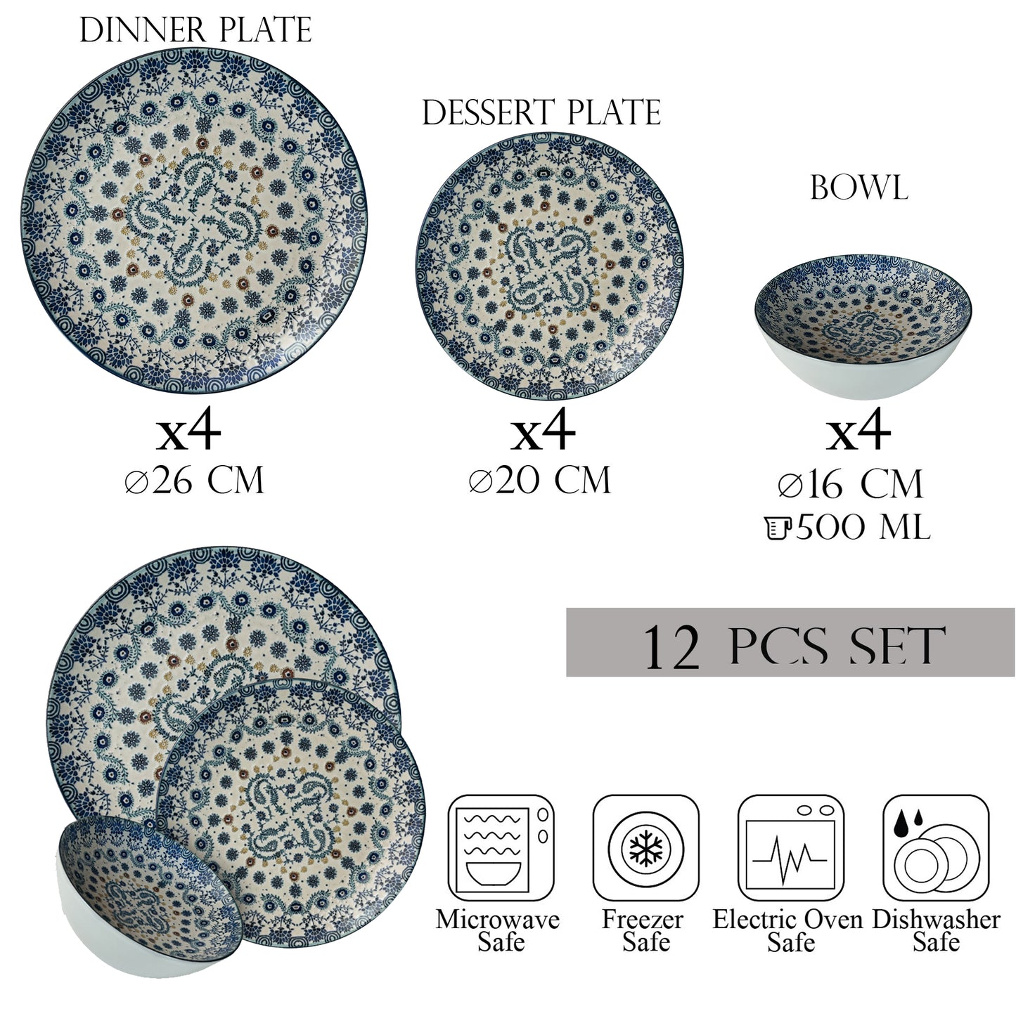 Plate set 12 pieces, 4 people, bowl set-Ensemble Serenità Blu - Italian Porcelain Tableware Set