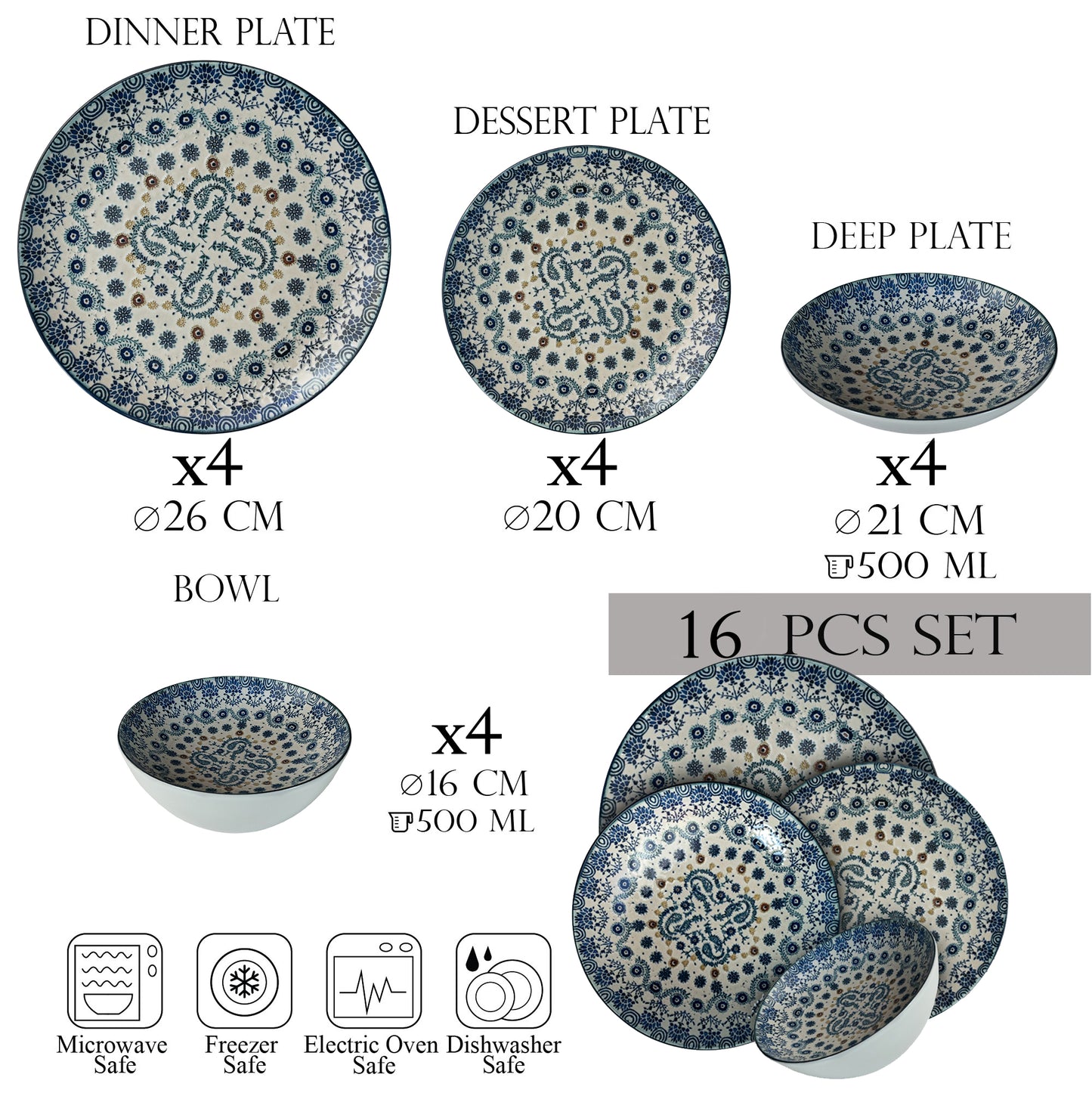 Plate set 16 pieces, 4 people-Ensemble Serenità Blu - Italian Porcelain Tableware Set