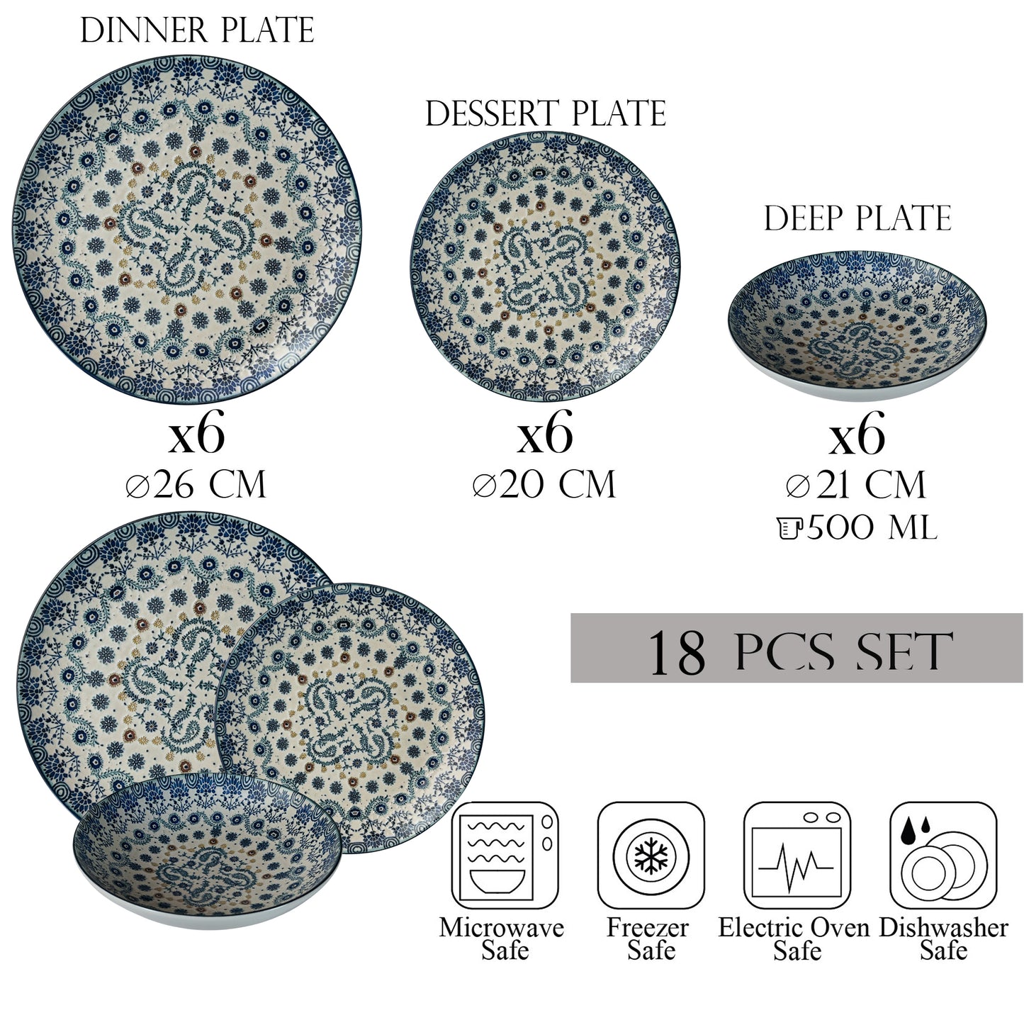 Plate set 18 pieces, 6 people, deep plate set-Ensemble Serenità Blu - Italian Porcelain Tableware Set