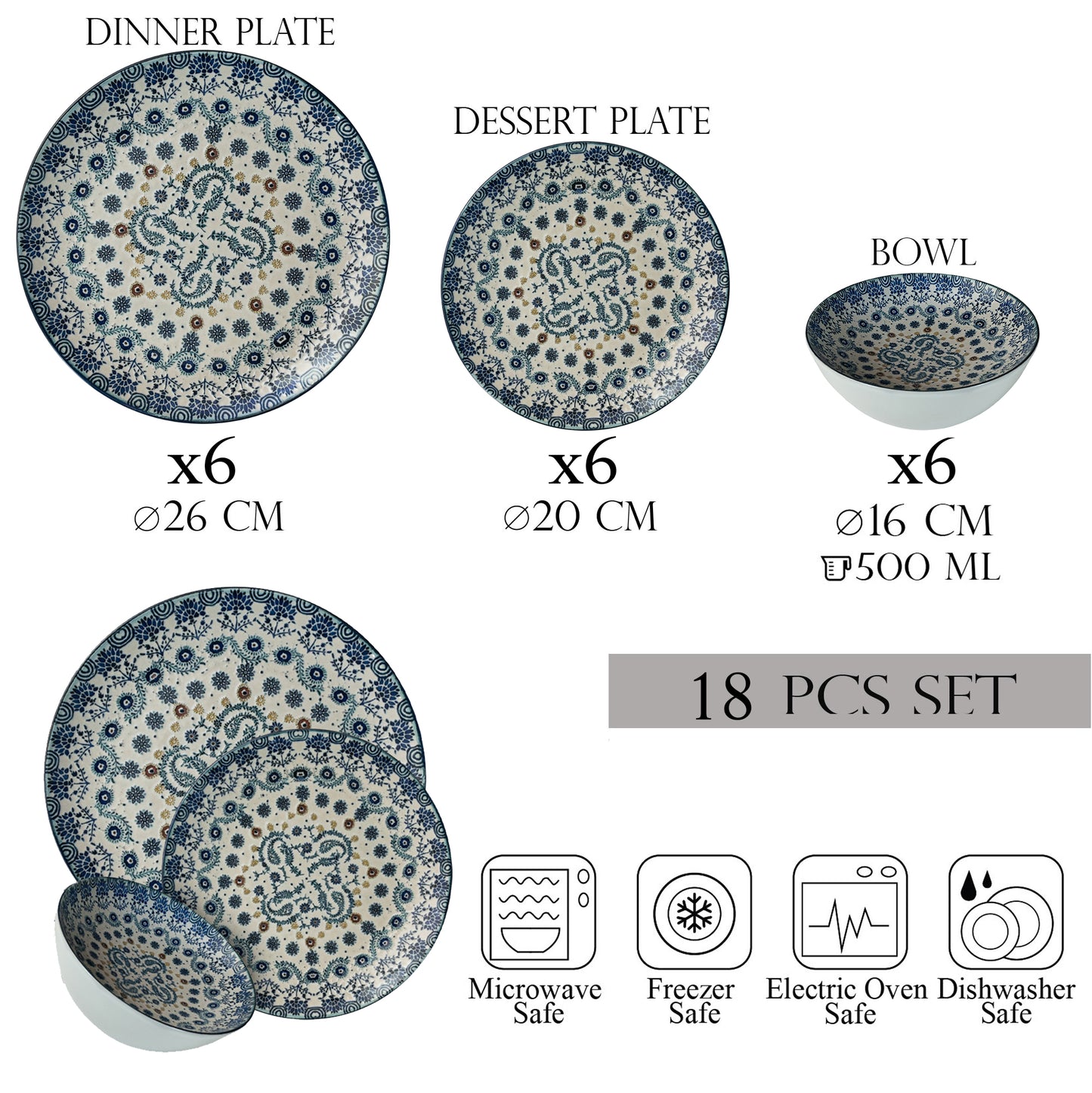 Plate set 18 pieces, 6 people, bowl set-Ensemble Serenità Blu - Italian Porcelain Tableware Set