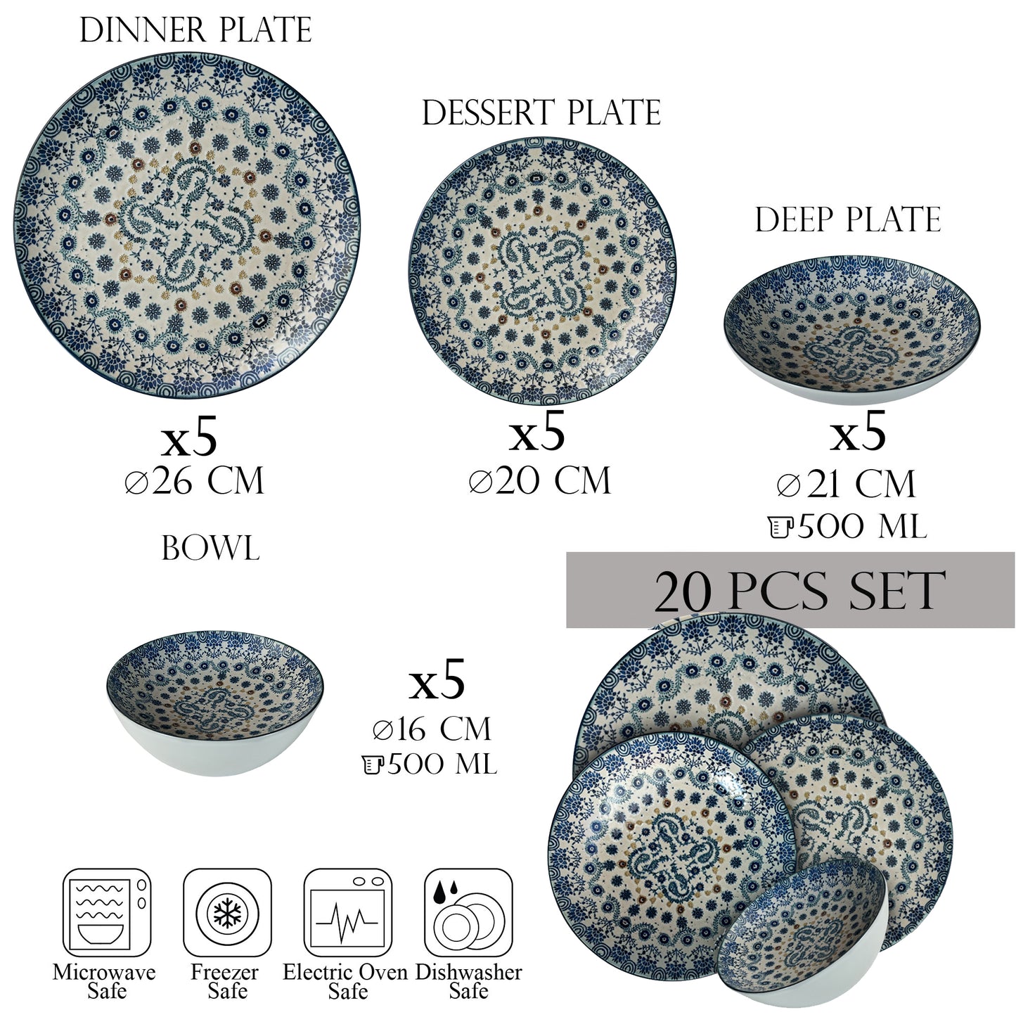 Plate set 20 pieces, 5 people - Ensemble Serenità Blu - Italian Porcelain Tableware Set