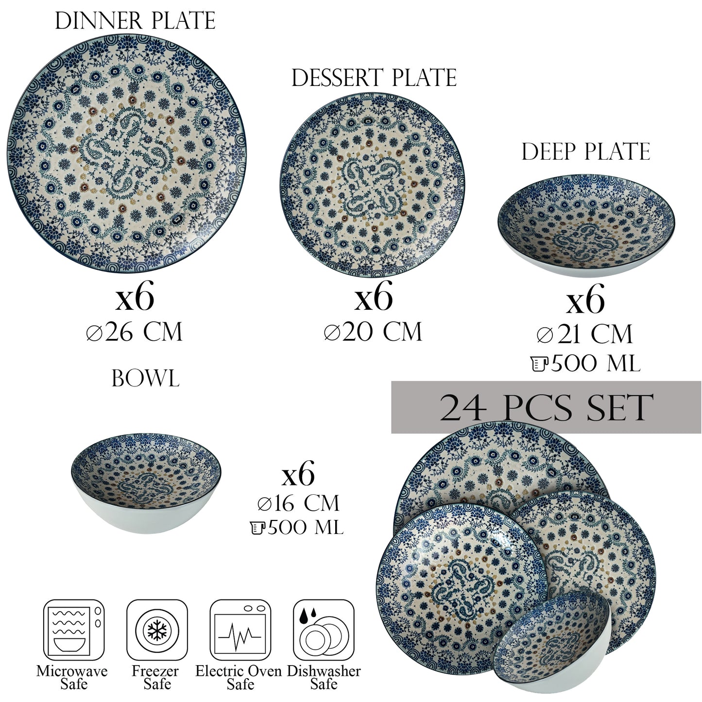 Plate set 24 pieces, 6 people - Ensemble Serenità Blu - Italian Porcelain Tableware Set