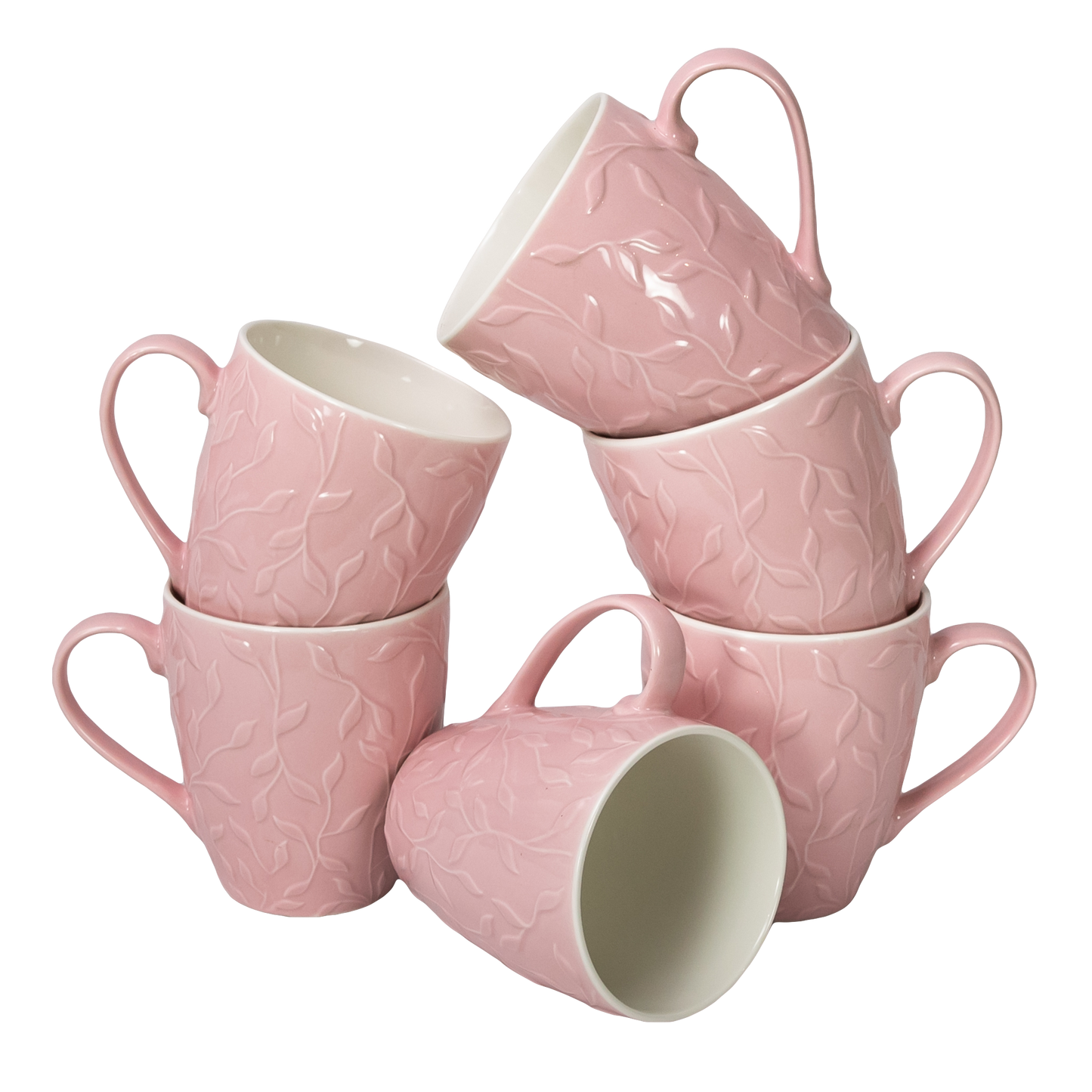 Set de 6 tazas con hojas Rosa y Blanca, 370 ml