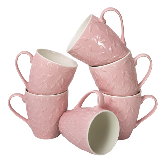 Set de 6 tazas con hojas Rosa y Blanca, 370 ml