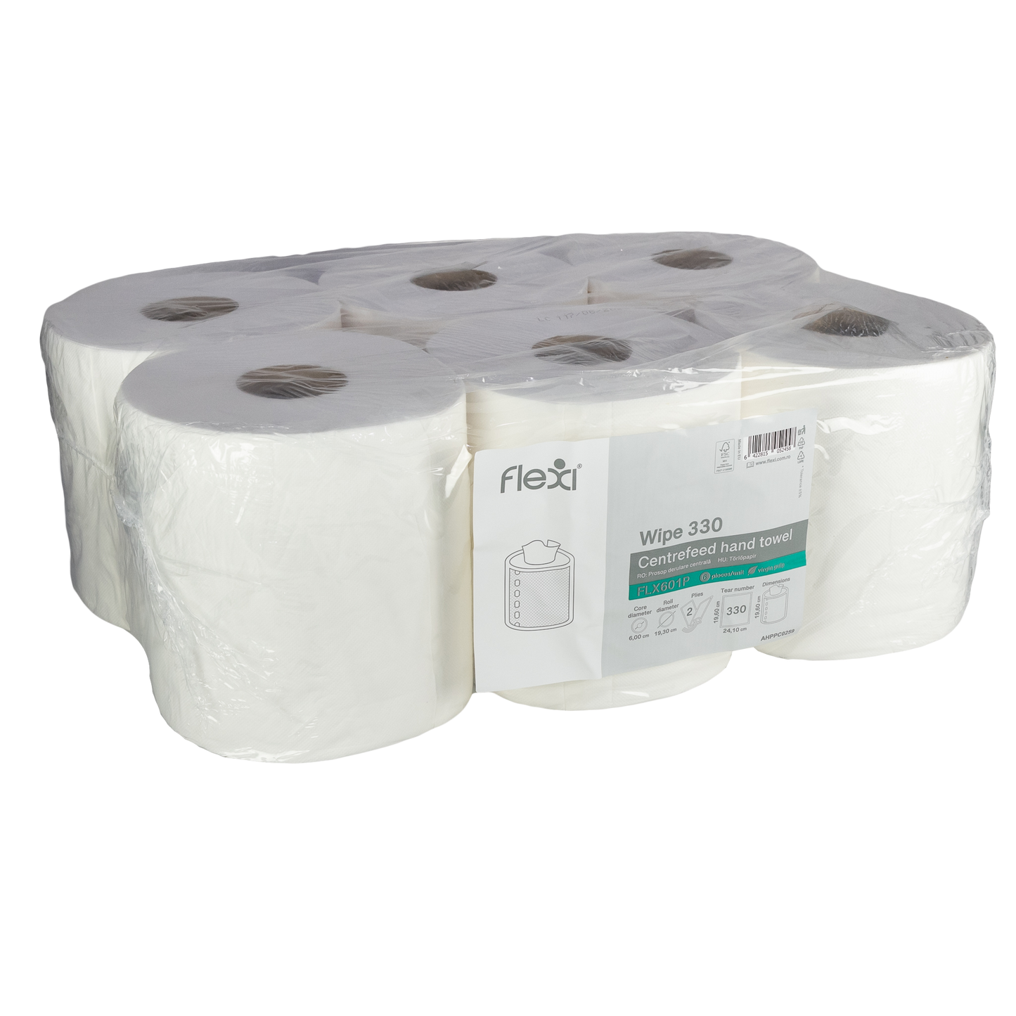 Right central towel roll, FLEXI Wipe 330, cellulose, 2 layers, 330 sheets, 6 rolls/box