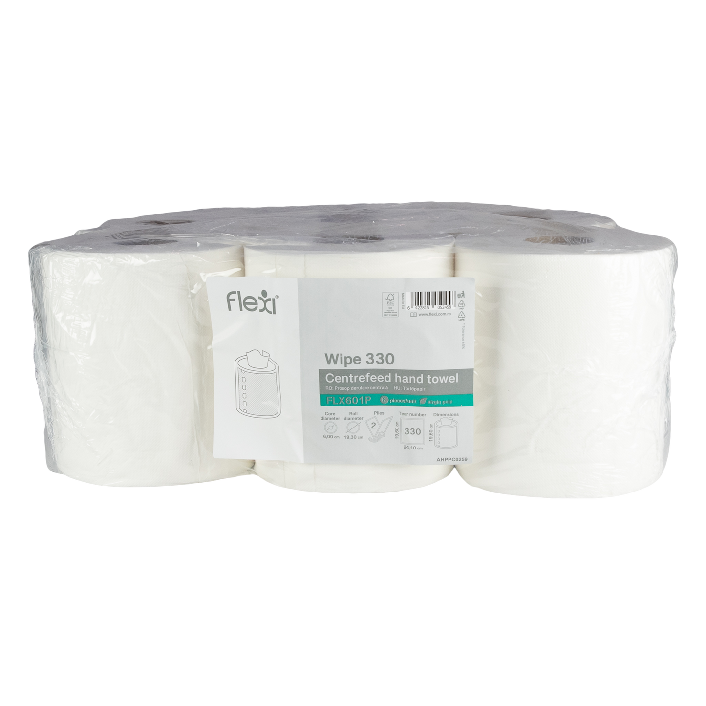 Right central towel roll, FLEXI Wipe 330, cellulose, 2 layers, 330 sheets, 6 rolls/box