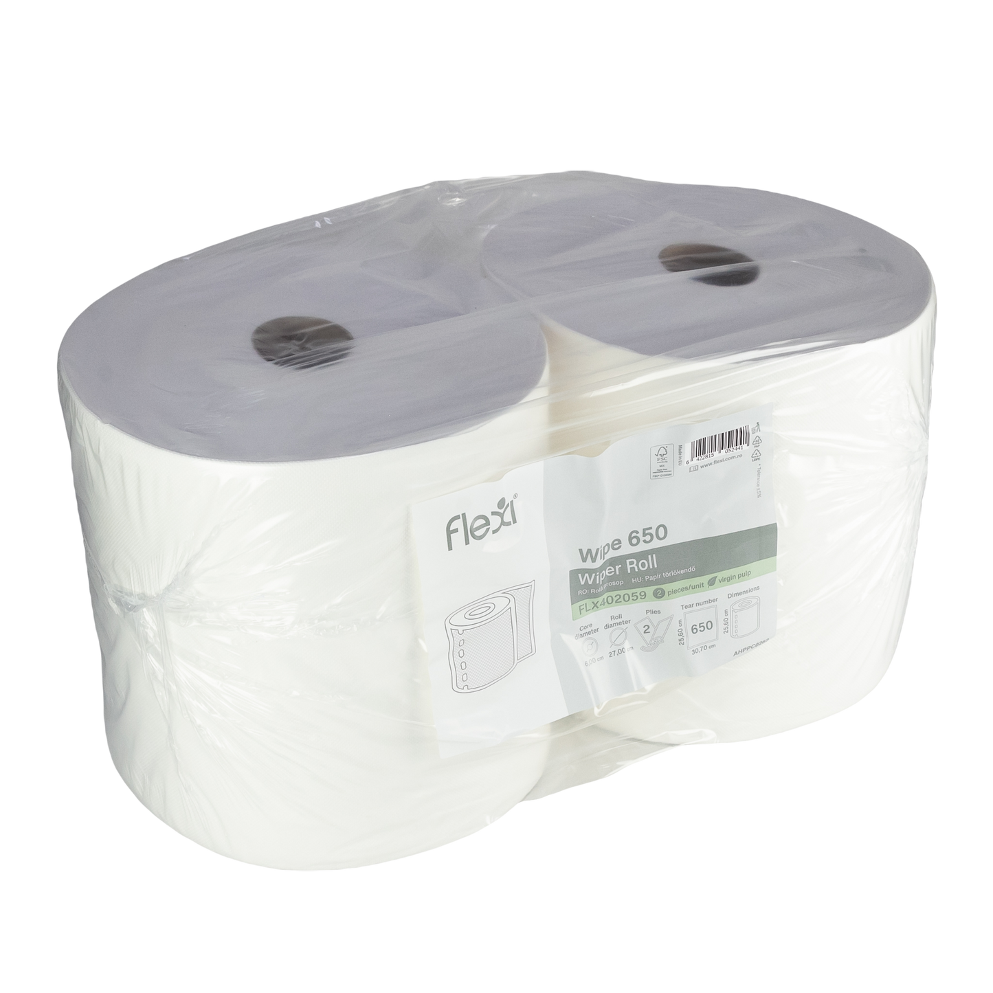 Right central towel roll, FLEXI Wipe 650, cellulose, 2 layers, 650 sheets, 2 rolls/bax