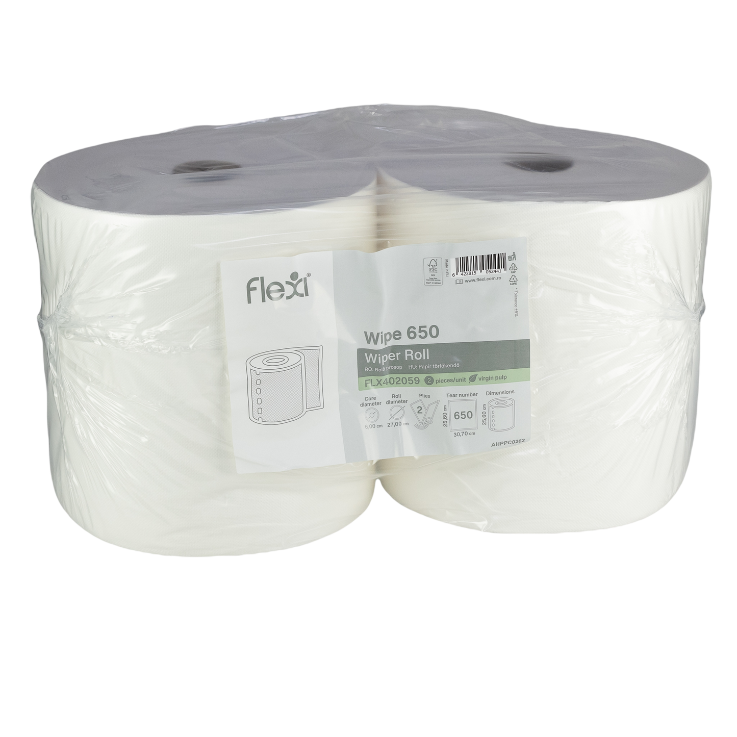 Right central towel roll, FLEXI Wipe 650, cellulose, 2 layers, 650 sheets, 2 rolls/bax