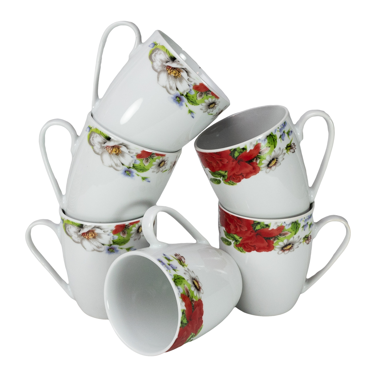 Elegant Set of 6 Coffee Mugs with Red Floral Motifs in Porcelain