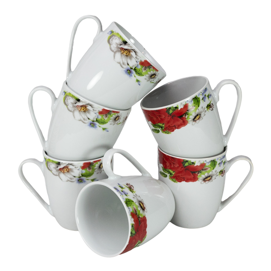 Elegant Set of 6 Coffee Mugs with Red Floral Motifs in Porcelain