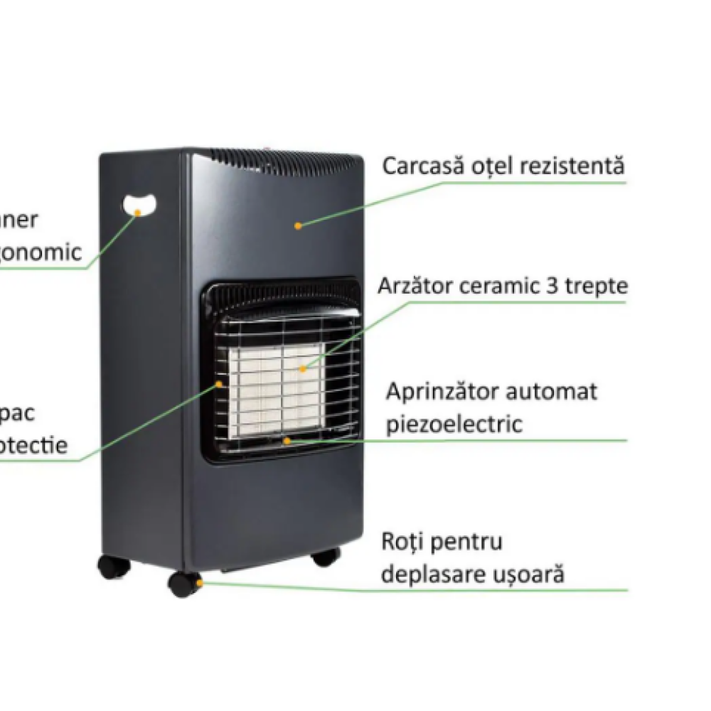 Soba pe Gaz Butelie GPL cu 3 Trepte Incalzire, Putere 4200W, Portabila pe Roti, Aprindere Automata, Incalzitor Ceramic, Regulator si Furtun Gaz