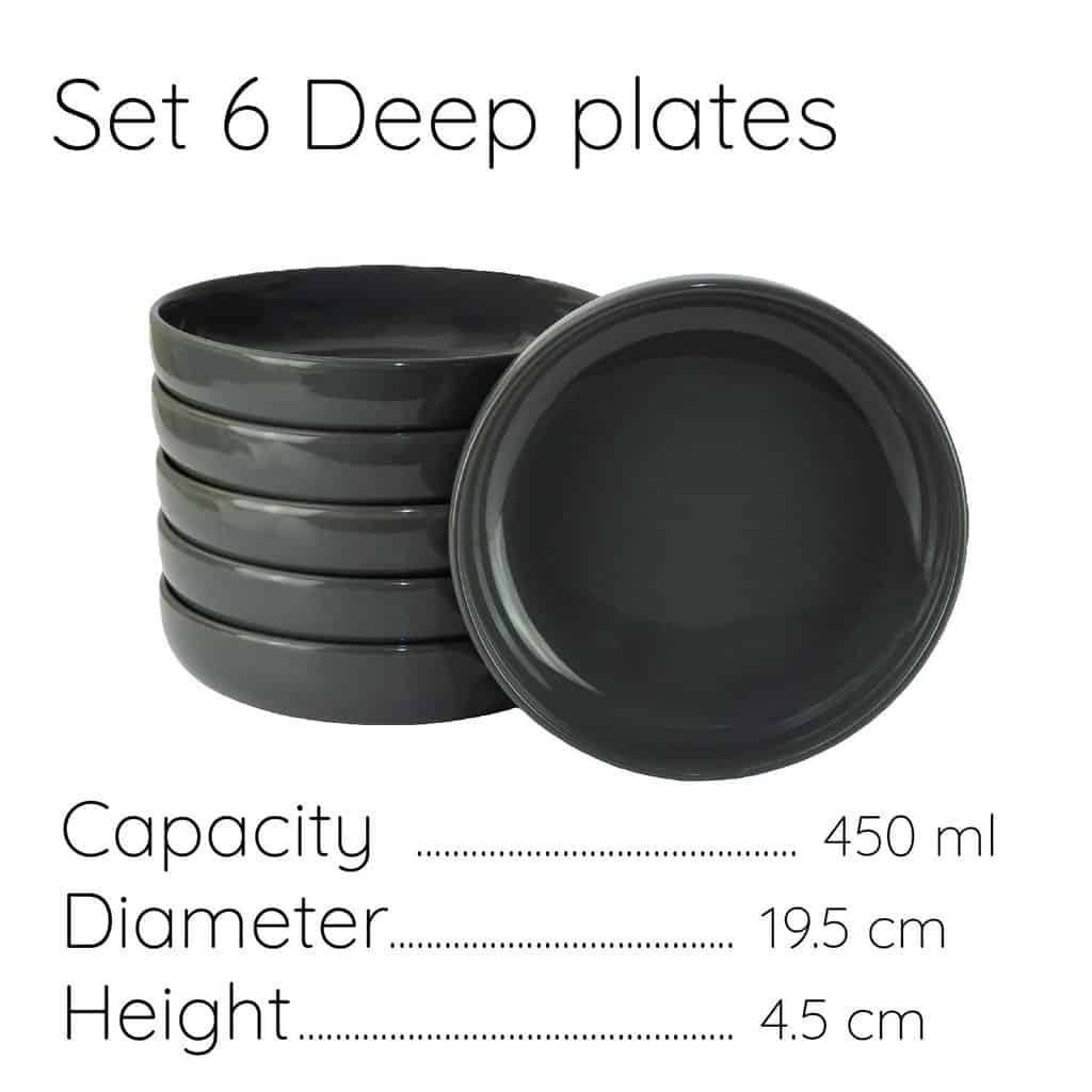 Set of 6 deep plates, 19.5 cm, Glossy Grey