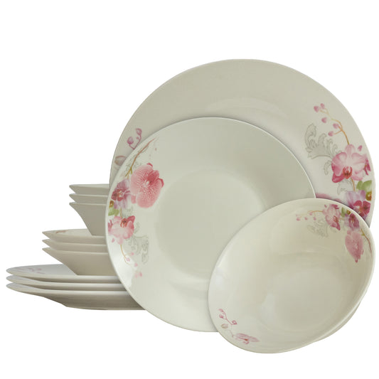 Plate set 12 pieces, for 4 people, Cesiro, Ivoire with orchids