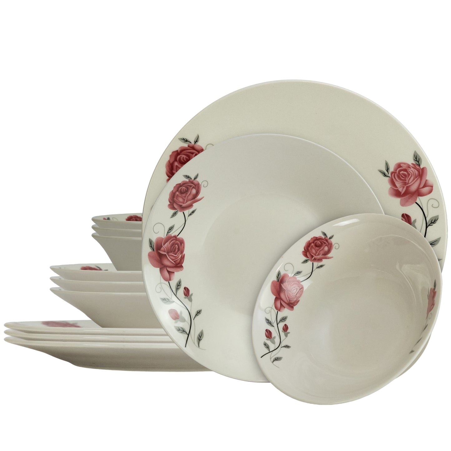 Plate set 12 pieces, for 4 people, Cesiro, Ivoire with pink rose