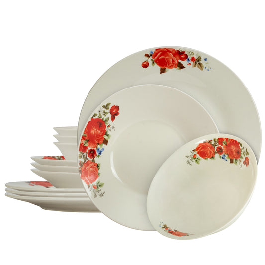 Plate set 12 pieces, for 4 people, Cesiro, Ivoire with red rose