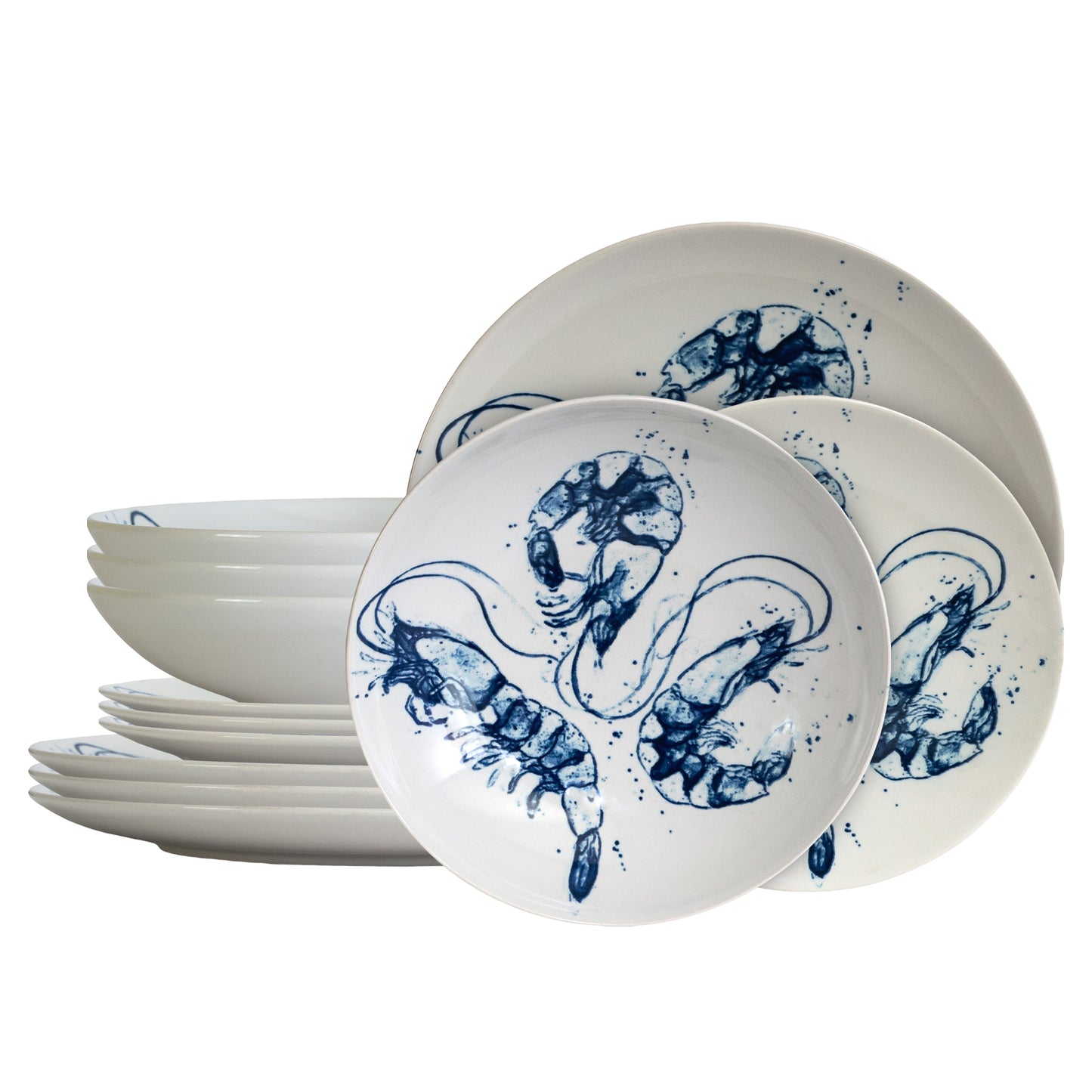 Plate set 12 pieces, for 4 people, Alastru Marin, Cesiro, White with shrimps