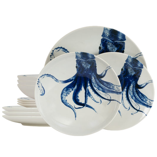 Plate set 12 pieces, for 4 people, Dance of the Tentacles, Cesiro, White jellyfish decoration