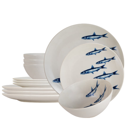 Plate set 12 pieces, for 4 people, Elegance Marina, Cesiro, Glossy white sardine decoration