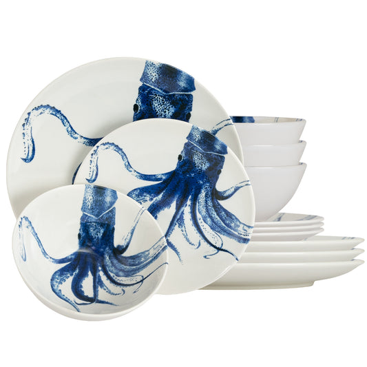 Plate set 12 pieces, for 4 people, Dance of the Tentacles, Cesiro, Glossy white jellyfish decoration