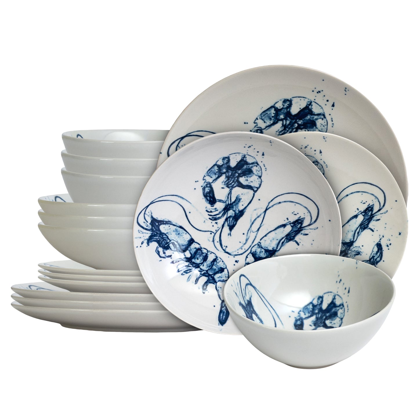 Plate set 16 pieces, for 4 people, Marine Blue, Cesiro, White with shrimps