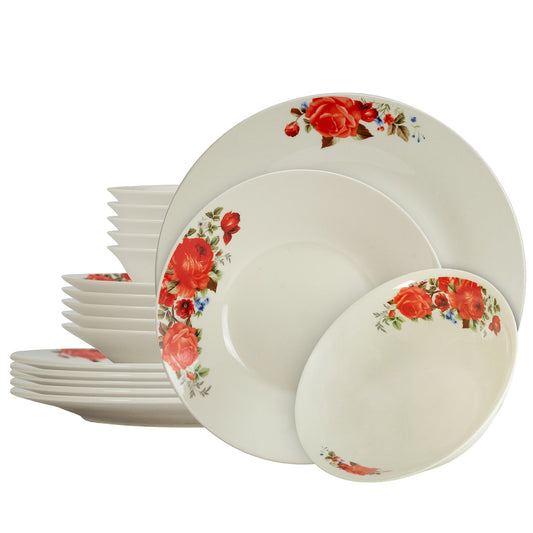 Plate set 18 pieces, for 6 people, Cesiro, Ivoire with red rose