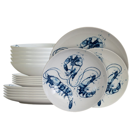 Plate set 18 pieces, for 6 people, Navy blue, Cesiro, White with shrimps