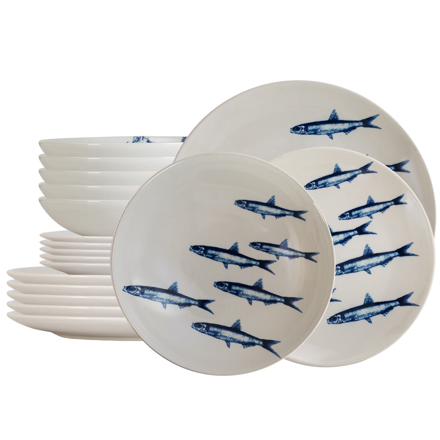 Set farfurii 18 piese, pentru 6 persoane, Eleganta Marina, Cesiro, Alb decor sardine