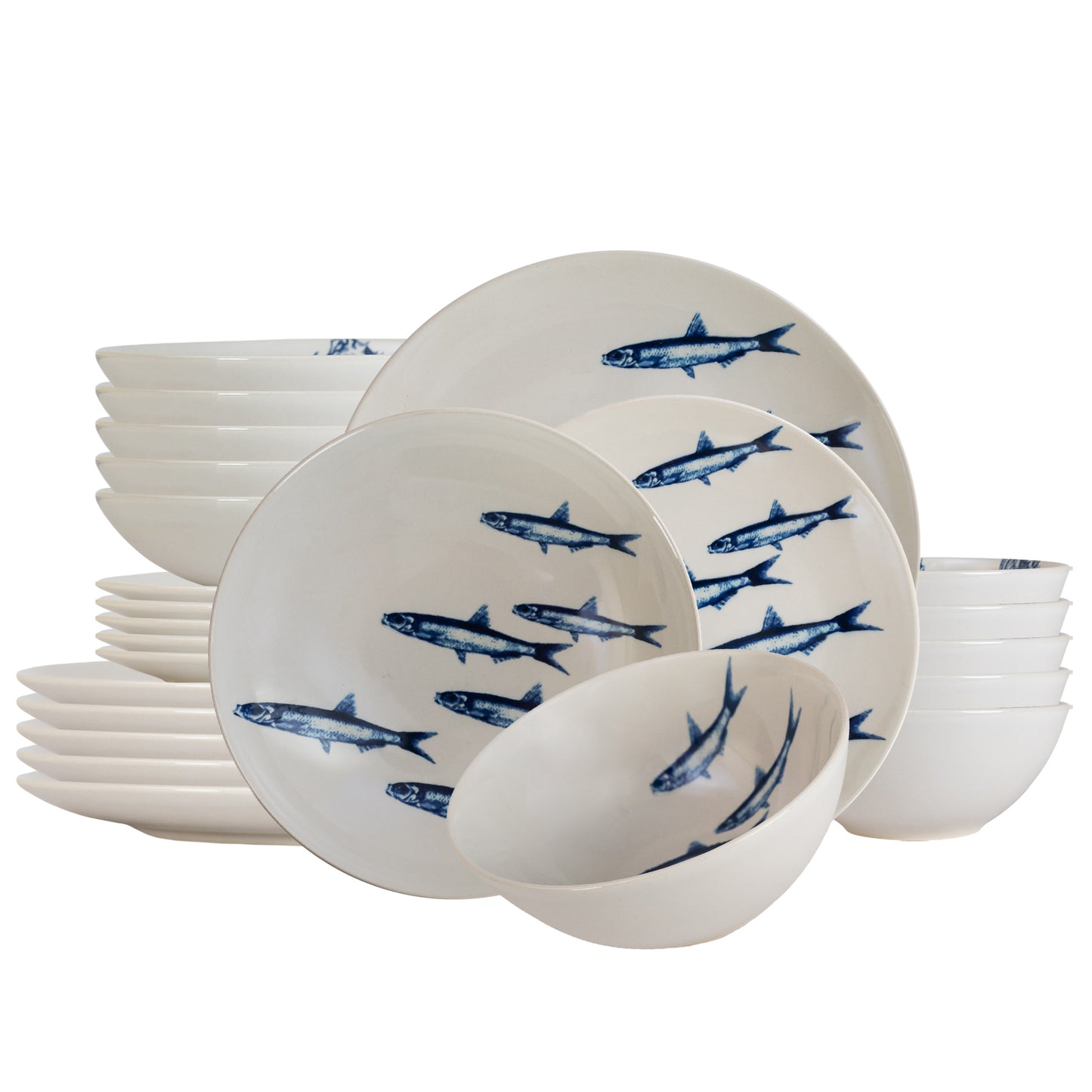 Set farfurii 24 piese, pentru 6 persoane, Eleganta Marina, Cesiro, Alb decor sardine