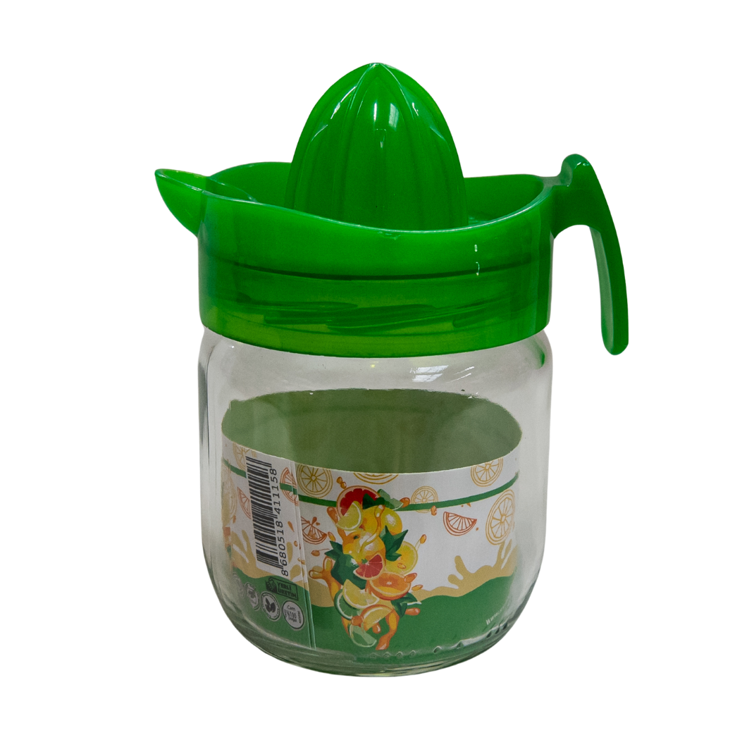 Storcator de fructe manual cu capac verde din plastic si borcanas din sticla, 350 ml