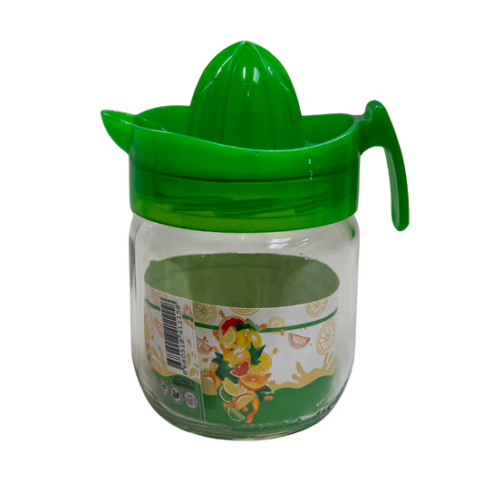 Storcator de fructe manual cu capac verde din plastic si borcanas din sticla, 350 ml