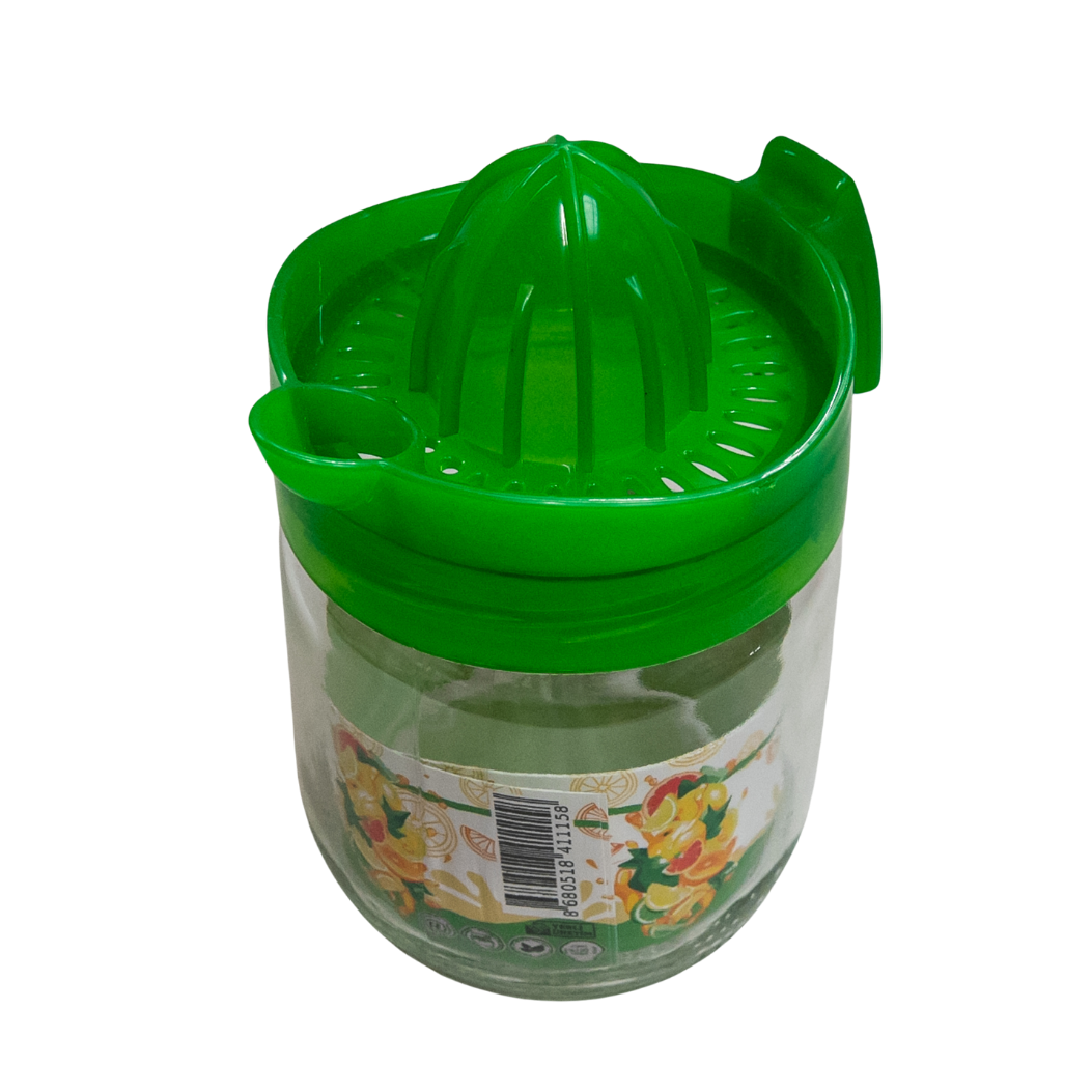 Storcator de fructe manual cu capac verde din plastic si borcanas din sticla, 350 ml