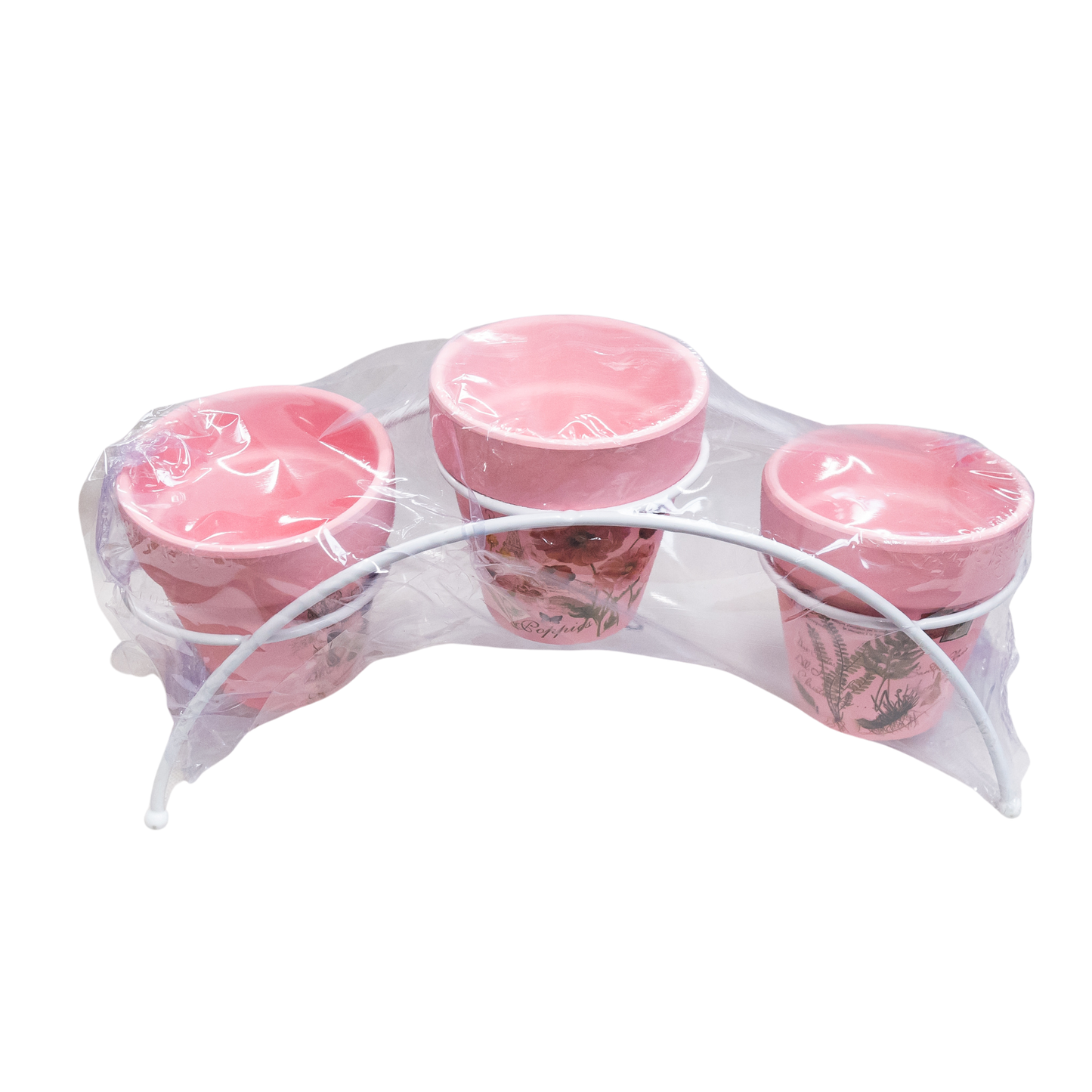 Supporto con 3 vasi rosa (30x15 cm)