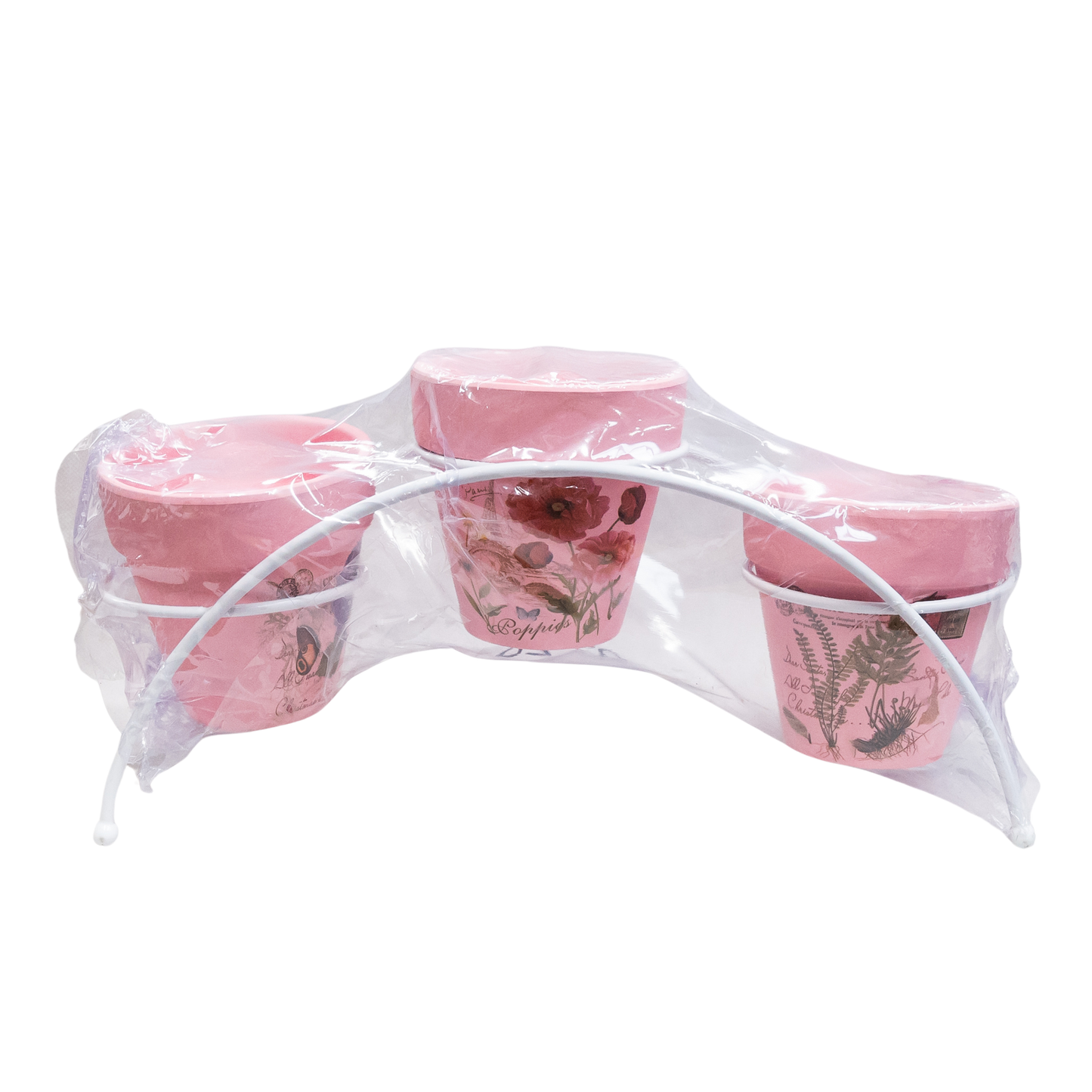 Supporto con 3 vasi rosa (30x15 cm)