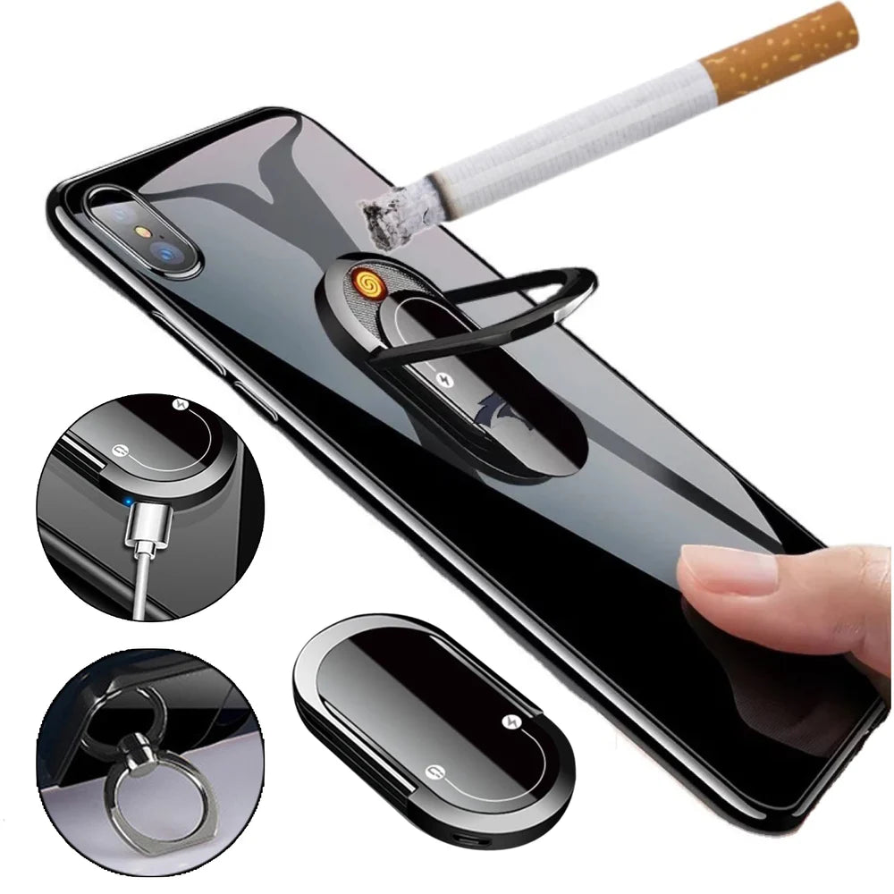 Ring type phone holder, self-adhesive, with magnet and lighter for smokers, Black, with USB charging