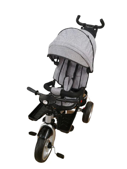 Triciclo infantil equipado con puesto para dormir y asiento giratorio, Interactivo, Color Gris Claro