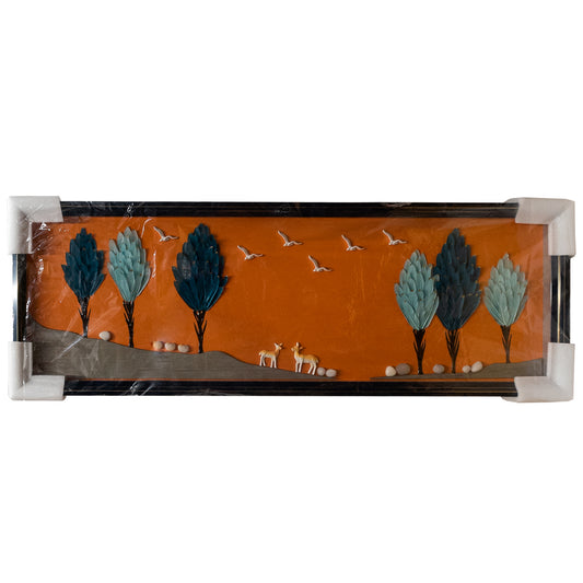 Painting with trees, deer and birds on an orange leather background, 120x40 cm