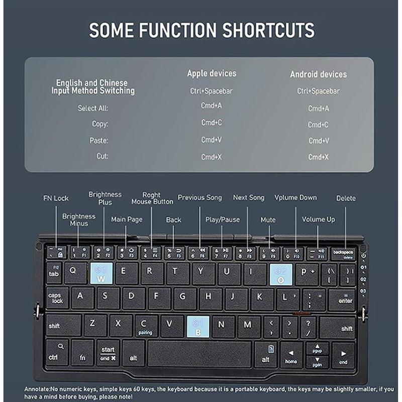 Vezeték nélküli billentyűzet, összecsukható mágneses állvánnyal, utazáshoz hordozható, újratölthető, lítium-ion akkumulátor 160mAh, 60 gomb, megszakítás nélküli munkaidő 45 óra, tablet, iPad, telefon, játék, ezüst színű, 3 eszköz csatlakoztatva egyszerre